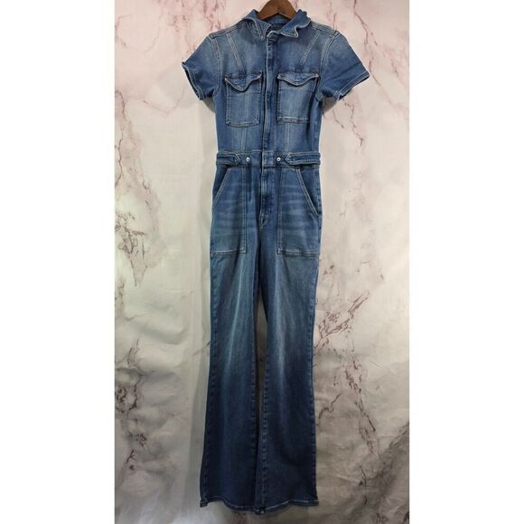 Good American Jumpsuit Womens 1 Small Denim Coveralls Zip Bootcut Jeans Stretch - Picture 1 of 14